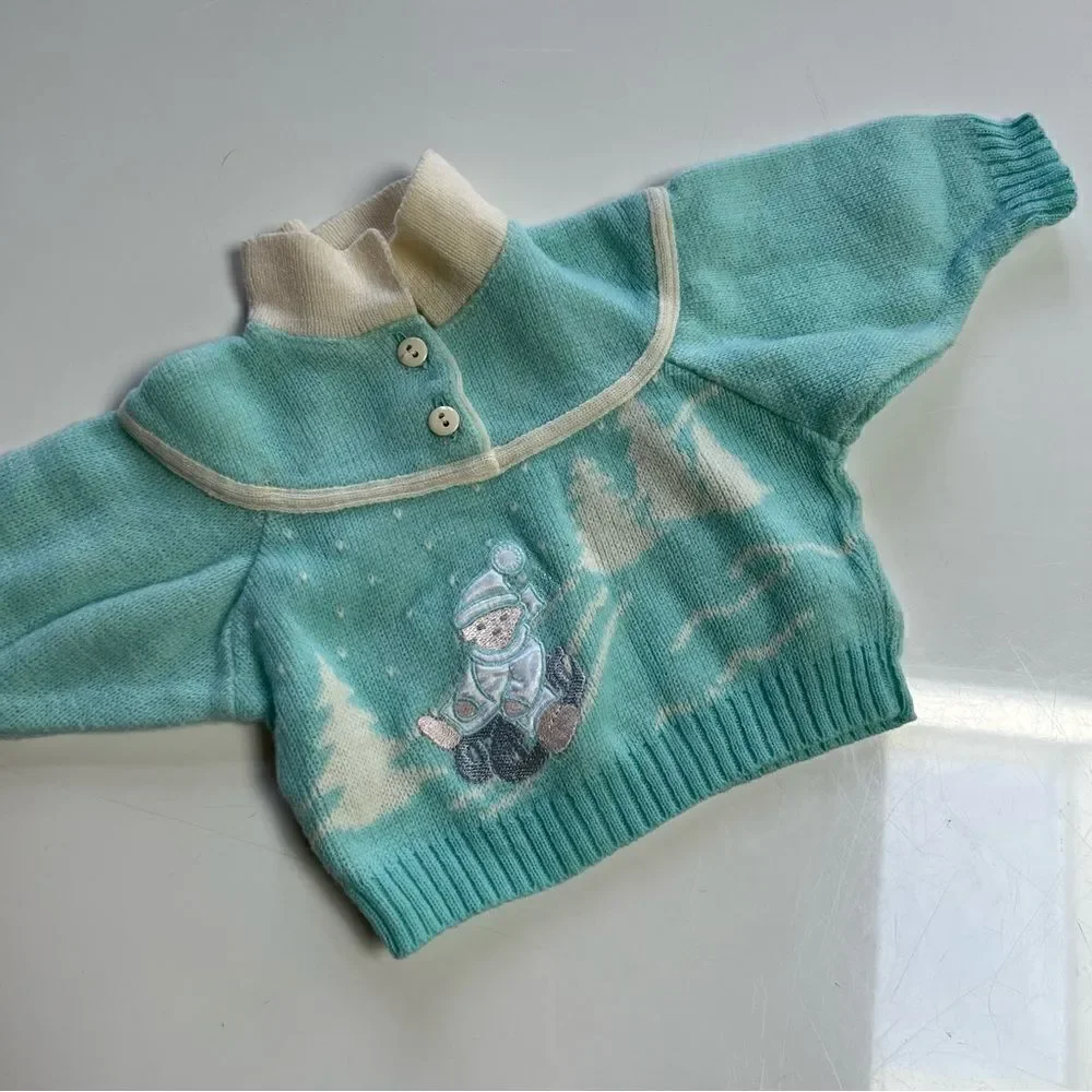 Rad Vintage 1980s Retro Swiss Teddy Bear Sled Apres Ski Twofer Collared Sweater
